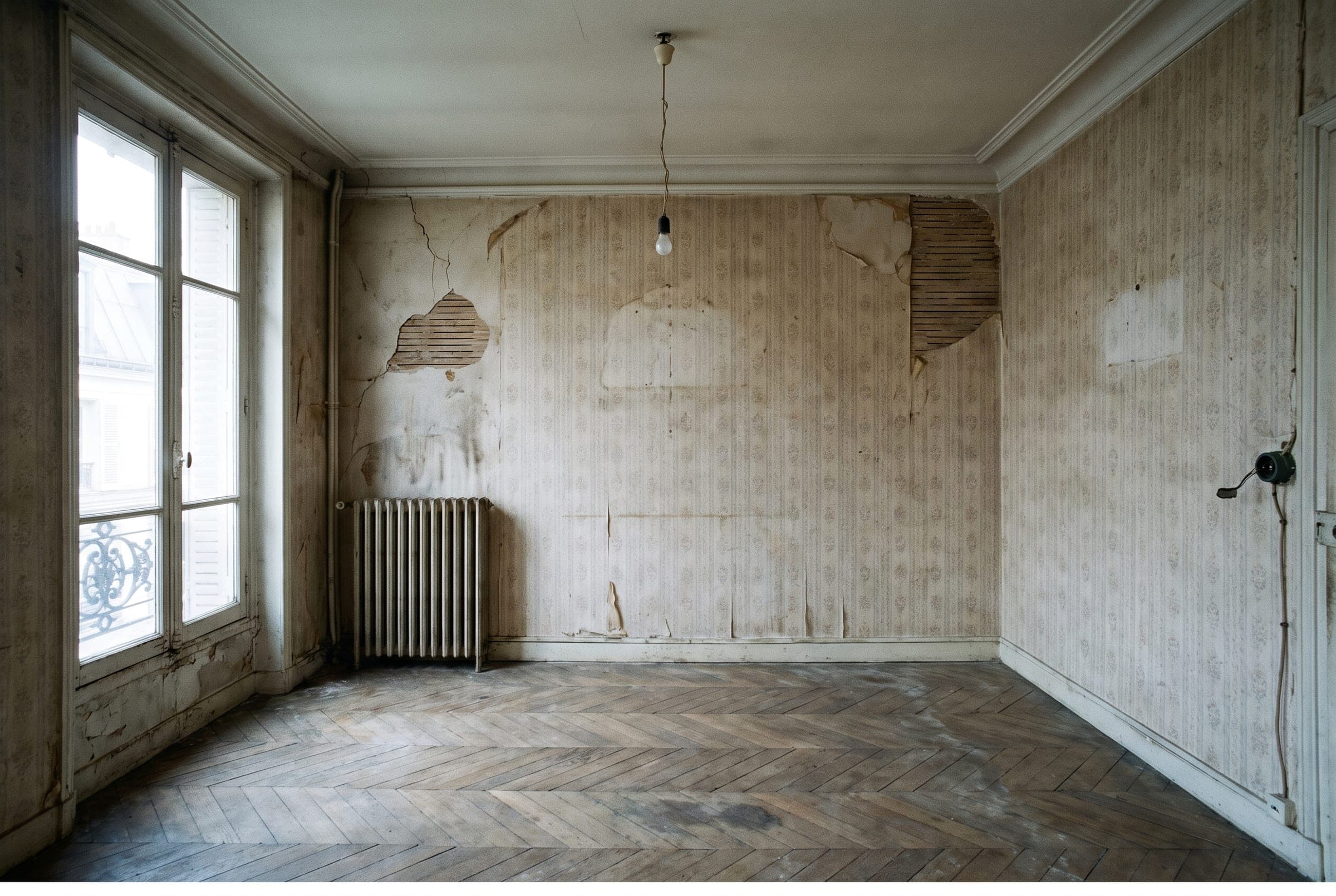 Mur d'un appartement parisien avant travaux, enduit ancien et arrivées apparentes.