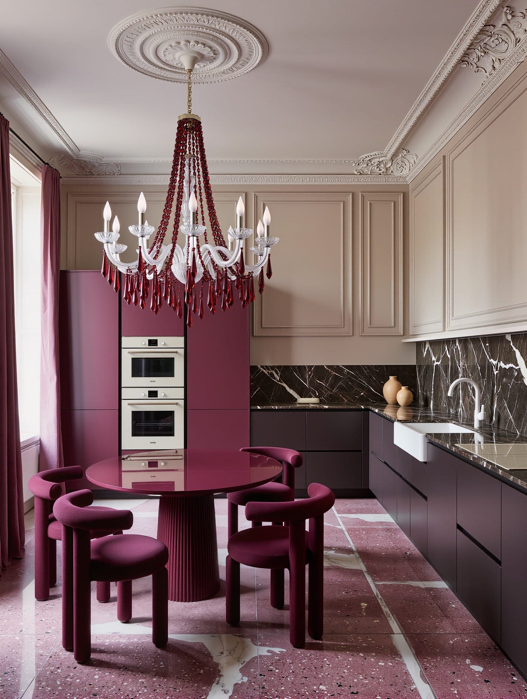 Cuisine sur mesure aux façades bordeaux mat et plan de travail clair, dans un intérieur lumineux.