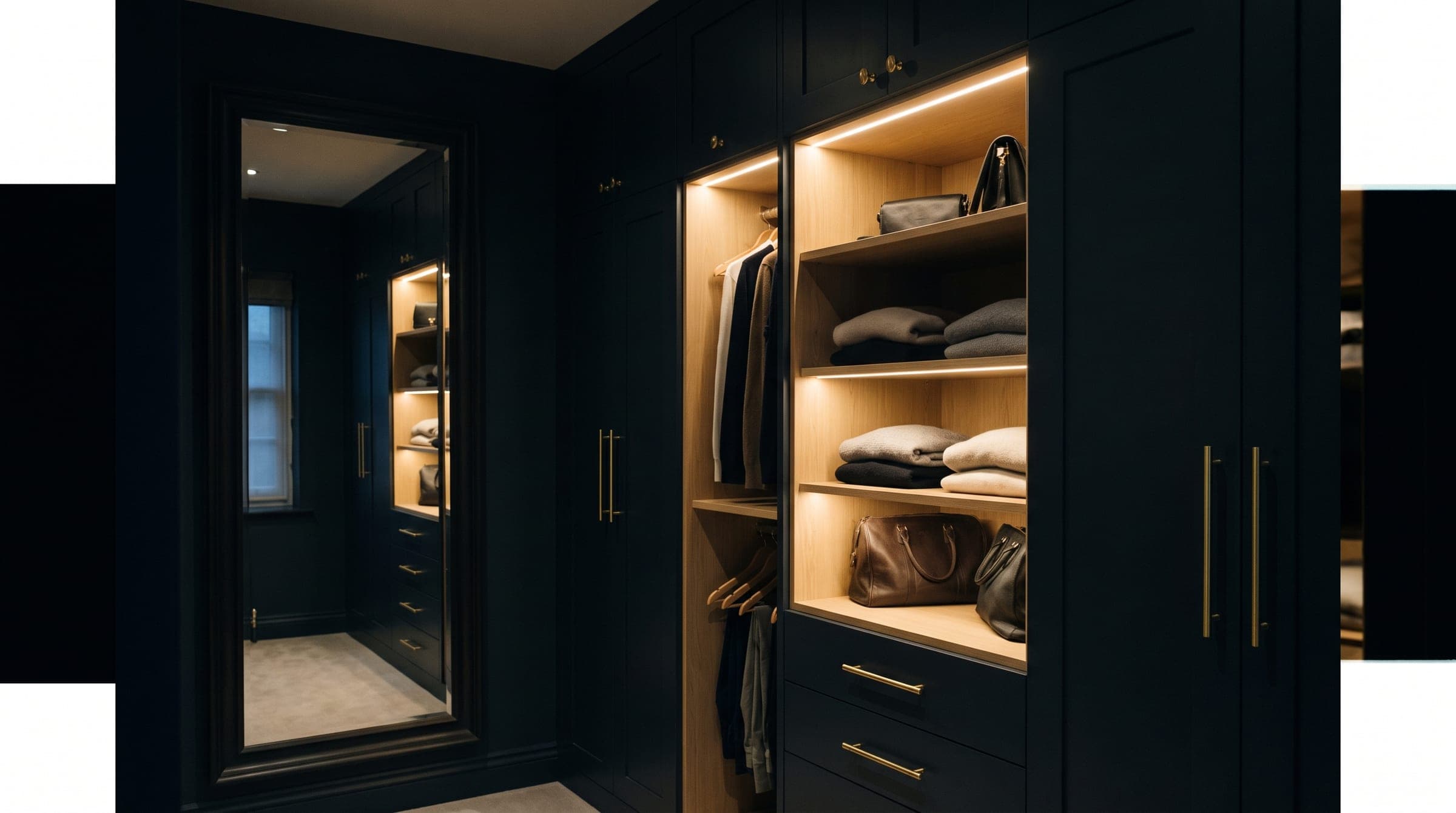 Dressing sur mesure en menuiserie bleu nuit avec éclairage LED intégré.