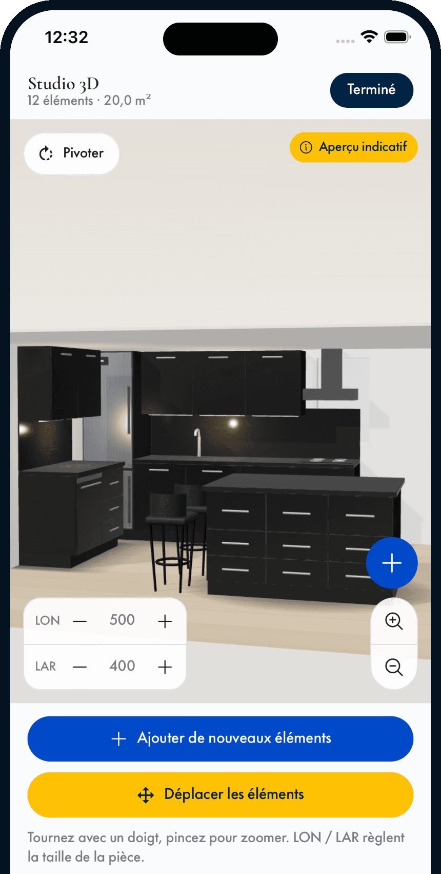Le Studio 3D de l'application : une cuisine noire avec îlot, dessinée en 3D sur iPhone